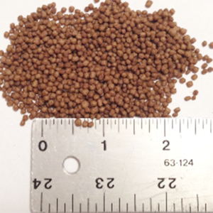 Closeup photo of AquaNourish pelleted fish food with ruler showing 1.5mm size
