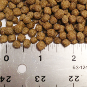 c.ose up photo of AquaNourish pelleted fish food with ruler showing 5mm size