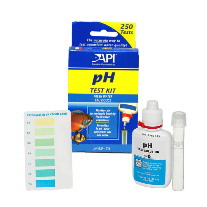 Picture of a pH test kit with bottle, test tube, and freshwater pH color card