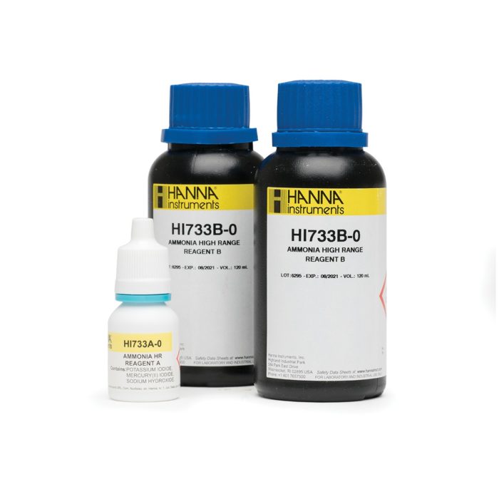 Picture of three bottles, two large and one small for a High Range Reagent Refills for Ammonia.