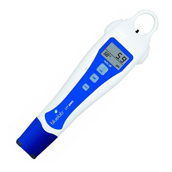 Photo of Bluelab pH Checker with pH submerisible probe. Molded blue and white plastic with digital input screen