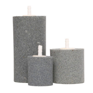 Photo of 3 sizes, small, medium, large gray cylindrical air stones with white plastic nozzle attachment on top