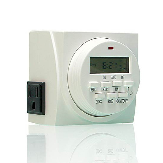 Photo of digital display timer with buttons on front, one AC plug outlet on each side, white plastic