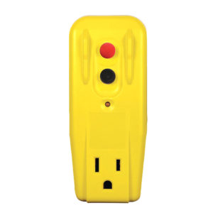 Yellow outlet adapter with one electrical outlet and two buttons