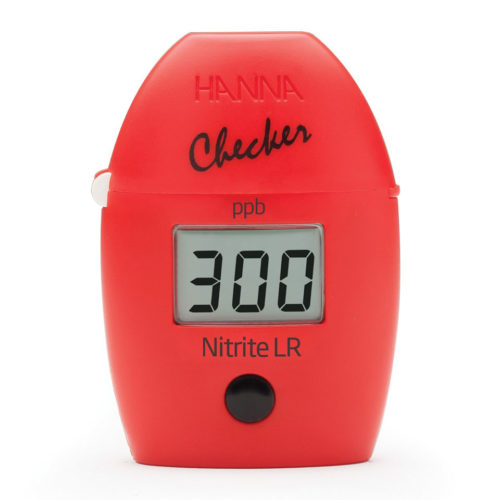 Photo of red Hanna nitrite checker probe with digital display and power button