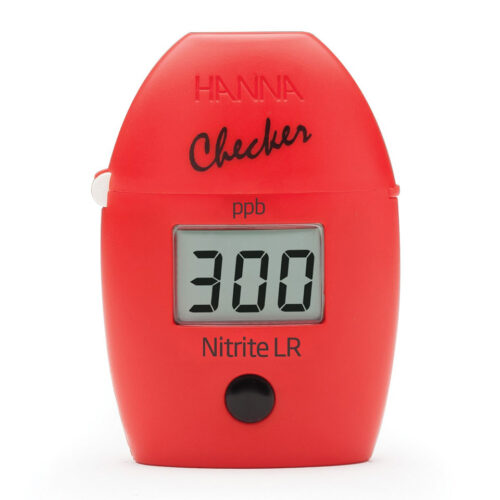 Photo of red Hanna nitrite checker probe with digital display and power button