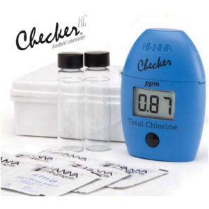 Photo of blue Hanna Chlorine Checker, and kit with capped test tubes, manual tests, and carrying case