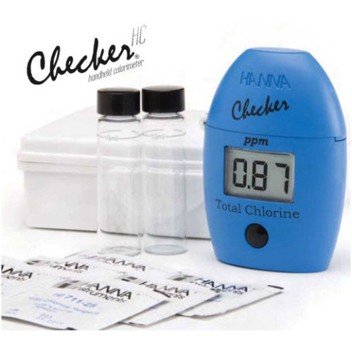 Photo of blue Hanna Chlorine Checker, and kit with capped test tubes, manual tests, and carrying case