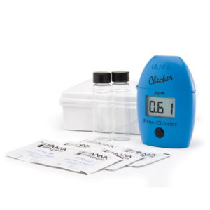 Photo of Hanna free chlorine test kit contents: blue probe with digital display, manual tests, two test tubes, and carrying case