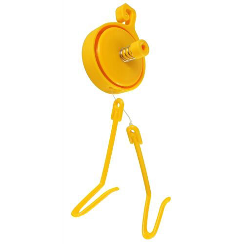 Photo of Yellow plastic plant yoyo, with top clip and two hooks to attach to plants