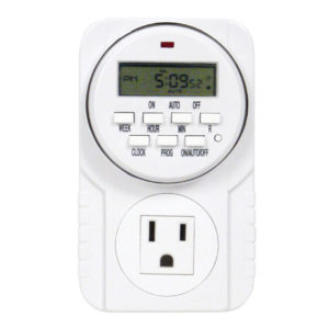 Photo of white, plastic timer with single AC outlet on front side and digital display screen with buttons
