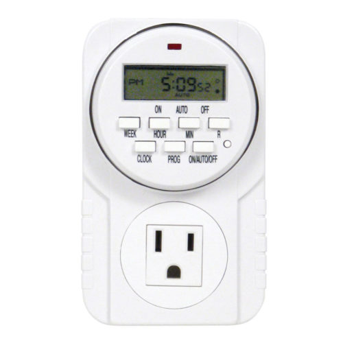 Photo of white, plastic timer with single AC outlet on front side and digital display screen with buttons