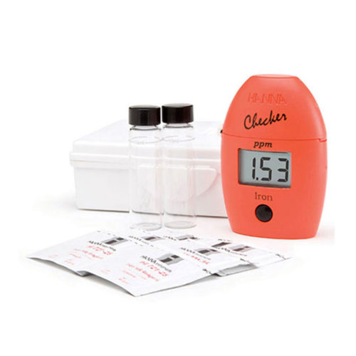 Picture of a Hanna Iron Checker kit with digital gauge, packets, test vials and a case