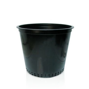 Photo of black plastic pot with draining holes around bottom edge