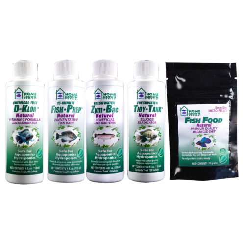 photo of aquarium maintenance kit, four 4oz bottles and one pack of fish food