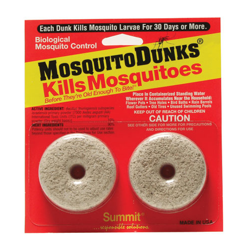 Photo of two donut shaped Mosquito dunks in packaging