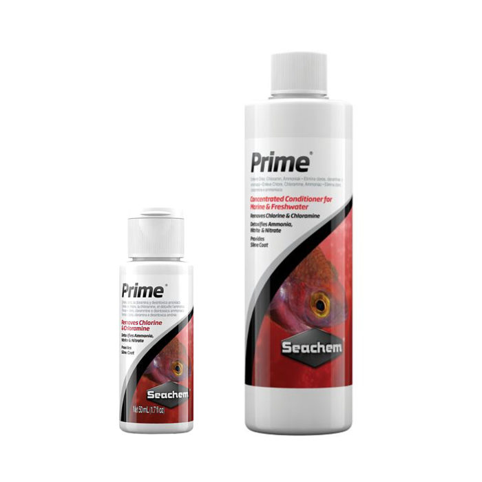 photo of prime water conditioner bottles for removing chorine and detoxifying ammonia, nitrate and nitrite