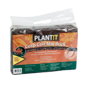 Photo of packaged, rectangular brick of coco coir mix