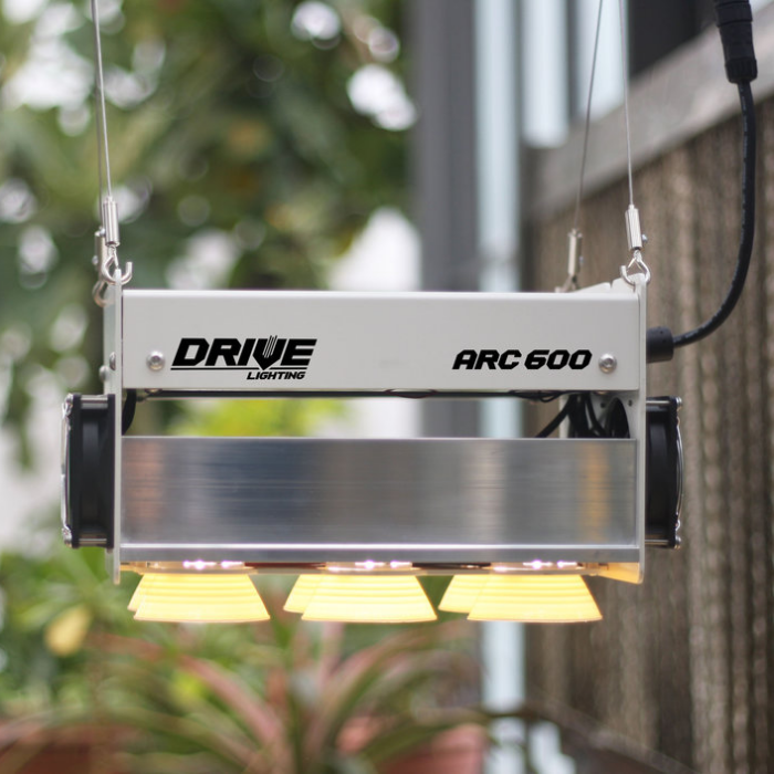 photo of Arc 600 LED grow light, suspended above grow space