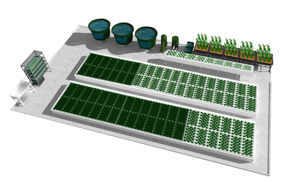 3D rendering of plan for a aquaponic farm on a 30' x 52' footprint