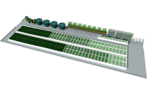 Photo of 3D rendering of aquaponic farm on a 30' x 96' footprint