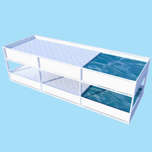 3D rendering of multi-deck growasis modular raft growing system with liner, water, and rafts on blue background