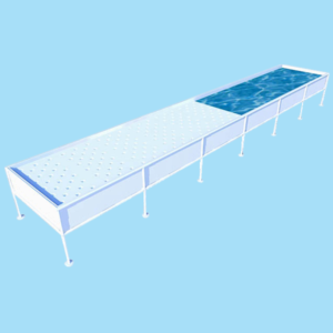 3D Rendering of elevated growasis system with liner and rafts on blue background