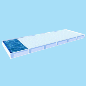 Photo of 3D Model of Growasis framing system with liner, water, and rafts on blue background
