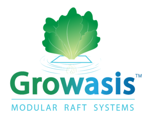 Growasis Logo featuring head of lettuce on floating raft